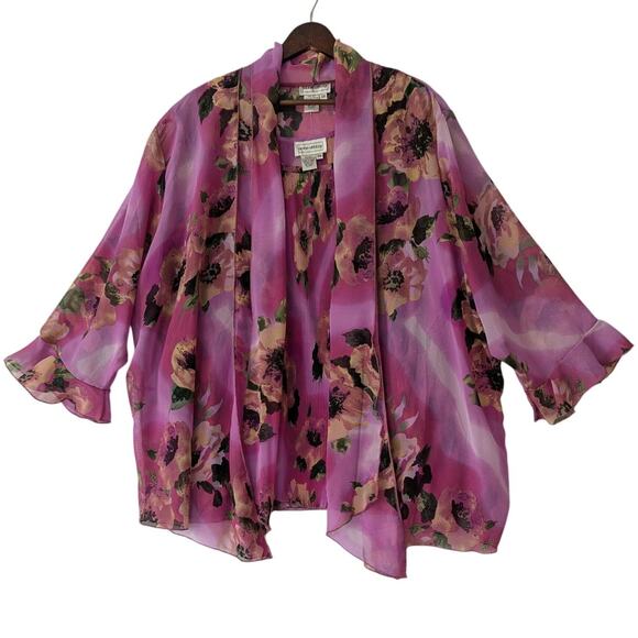 Anne Ashley VTG 2 Piece Set Tank Shirt Size 3X Pink Floral Sheer Accordion‎ Tank - Picture 1 of 11